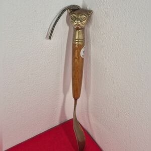 Vintage Brass Cat Head Shoe Horn with Wooden Shaft 12"